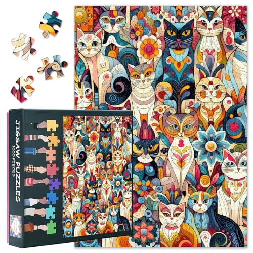 1000 Teile Abstraktes Puzzle für Erwachsene - Katzen-Silhouetten & Blumenmotive mit Premium Puzzle Board, Modernes Katzenpuzzle, 70x50 cm von TISHIRON