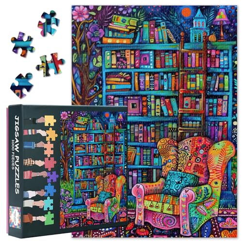 1000 Teile Bücherpuzzle - Gemütliche Leseecke mit Regalwand Kunst & Premium Puzzle Board, Bücherliebhaber-Puzzle, 70x50 cm 1000 Teile Bücherpuzzle - Gemütliche Leseecke mit Regalwand Kunst & Premium Puzzle Board, Bücherliebhaber-Puzzle, 70x50 cm von TISHIRON