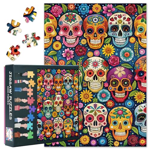 1000 Teile Día de Muertos Puzzle - Bunte Totenkopf Festkunst mit Premium Puzzle Board, Kulturelles Motivpuzzle, 70x50 cm 1000 Teile Día de Muertos Puzzle - Bunte Totenkopf Festkunst mit Premium Puzzle Board, Kulturelles Motivpuzzle, 70x50 cm von TISHIRON