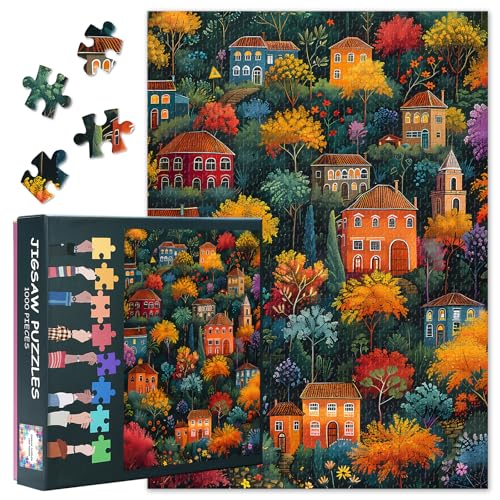1000 Teile Dorfpuzzle - Bunte Häuser & Blumenlandschaft Kunst mit Premium Puzzle Board, Idyllisches Landschaftspuzzle, 70x50 cm von TISHIRON