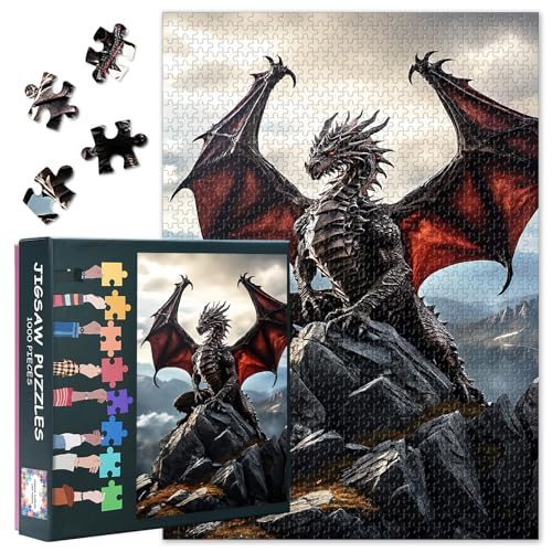 1000 Teile Drachen Puzzle für Erwachsene Mythischer Berggipfel Majestätische Flügel über Königreich ausgebreitet Epische Fantasiekunst Sammleredition Premium Papier Puzzle Aufwendiges Mythisches von TISHIRON