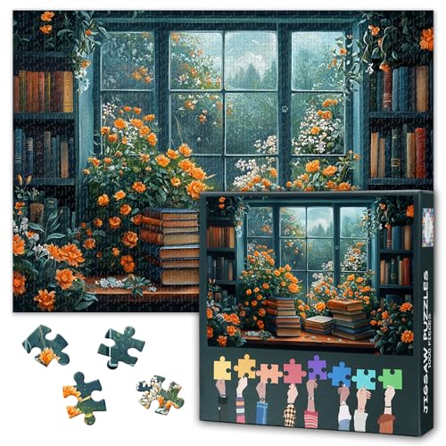1000 Teile Fensterbank Puzzle - Bücher mit Orangenen Blumen Kunst & Premium Puzzle Board, Bücherfreunde Dekopuzzle, 70x50 cm 1000 Teile Fensterbank Puzzle - Bücher mit Orangenen Blumen Kunst & Premium Puzzle Board, Bücherfreunde Dekopuzzle, 70x50 cm von TISHIRON