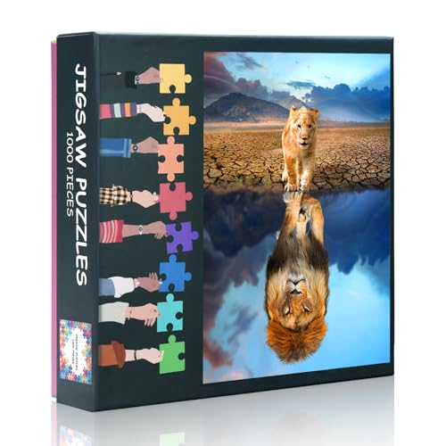 1000 Teile Holz-Puzzle: Löwenjunges Sieht Reflexion im Wasser (50x70cm) - Berührendes Tierporträt, Herausforderndes Motiv zur Entspannung von TISHIRON