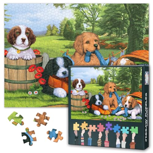 1000 Teile Hunde Puzzle - Fröhlicher Welpe in Blumengarten Kunst mit Premium Puzzle Board, Herausfordernde Landschaftspuzzle, 70x50 cm 1000 Teile Hunde Puzzle - Fröhlicher Welpe in Blumengarten Kunst mit Premium Puzzle Board, Herausfordernde Landschaftspuzzle, 70x50 cm von TISHIRON