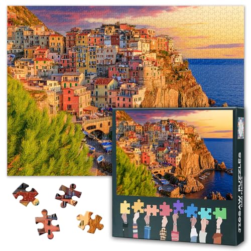 1000 Teile Italien-Puzzle für Erwachsene - Cinque Terre & Manarola, Lebendige Mittelmeer-Landschaft, Küstendorf Kunstwerk mit Premium-Brett, 27,5x19,7 Zoll von TISHIRON