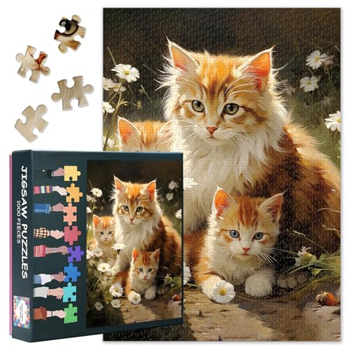1000 Teile Katzenpuzzle - Verspielter Kater mit Gänseblümchen Kunst & Premium Puzzle Board, Lustiges Tierpuzzle, 70x50 cm von TISHIRON