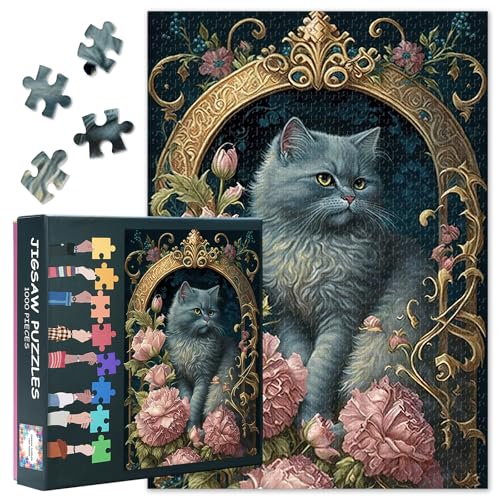 1000 Teile Katzenpuzzle für Erwachsene - Rosa Blumen & Botanische Katzenkunst mit Premium Puzzle Board, Exklusives Fotomotiv Puzzle, 70x50 cm 1000 Teile Katzenpuzzle für Erwachsene - Rosa Blumen & Botanische Katzenkunst mit Premium Puzzle Board, Exklusives Fotomotiv Puzzle, 70x50 cm von TISHIRON