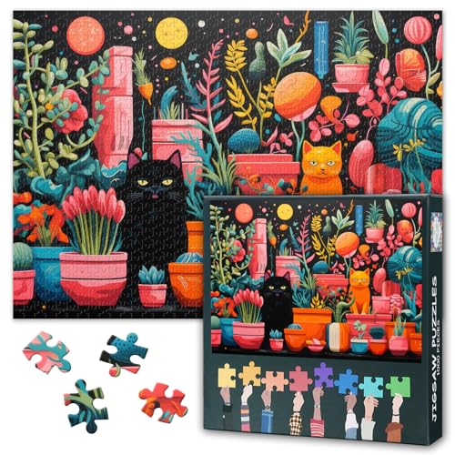 1000 Teile Katzenpuzzle für Erwachsene - Verspielte Katze & Bunte Topfpflanzen Kunst mit Premium Puzzle Board, Botanisches Tierpuzzle, 70x50 cm 1000 Teile Katzenpuzzle für Erwachsene - Verspielte Katze & Bunte Topfpflanzen Kunst mit Premium Puzzle Board, Botanisches Tierpuzzle, 70x50 cm von TISHIRON