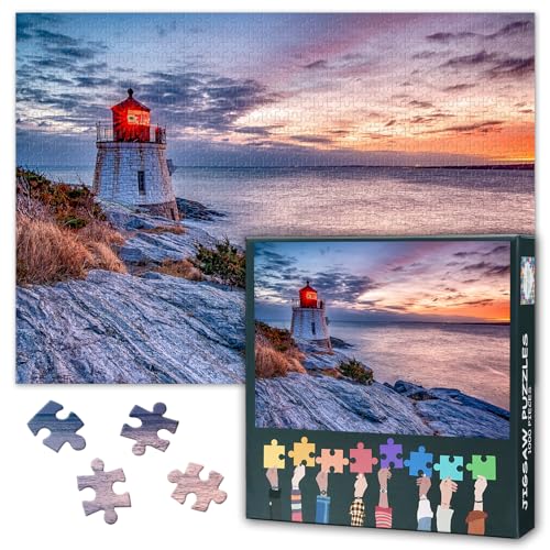 1000 Teile Modernes Puzzle: Schloss Leuchtturm bei Sonnenuntergang (50x70cm) - Rhode Island USA Motiv, Herausforderndes Reise-Erinnerungsstück von TISHIRON