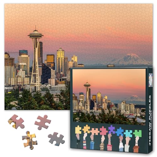 1000 Teile Natur-Puzzle für Erwachsene - Seattle Skyline & Mount Rainier, Sonnenuntergangs-Panorama, Premium Landschaftskunst Puzzle-Brett, 27,5x19,7 Zoll 1000 Teile Natur-Puzzle für Erwachsene - Seattle Skyline & Mount Rainier, Sonnenuntergangs-Panorama, Premium Landschaftskunst Puzzle-Brett, 27,5x19,7 Zoll von TISHIRON