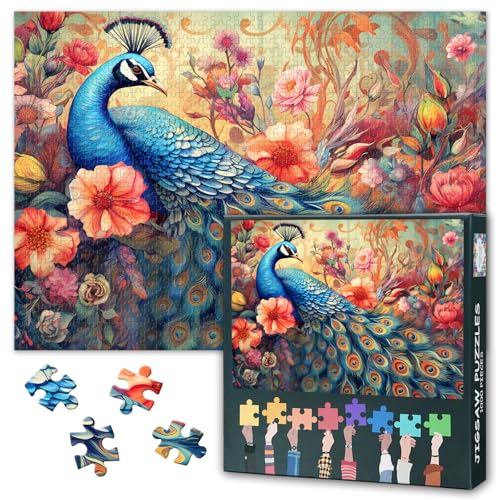 1000 Teile Pfauenpuzzle für Erwachsene - Bunte Federpracht & Blumenmotive Kunst mit Premium Puzzle Board, Botanisches Tierpuzzle, 70x50 cm von TISHIRON