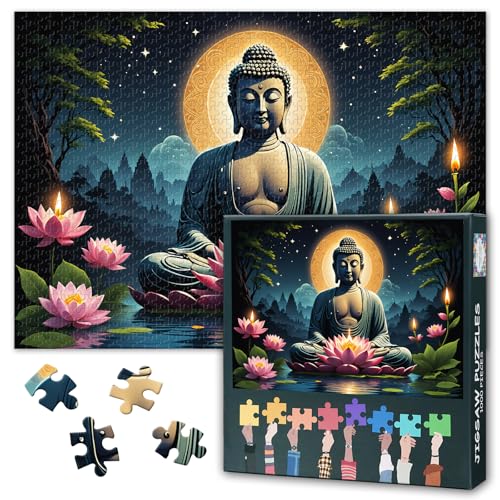 1000 Teile Puzzle Buddha Statue mit Lotusblume & Kerzenlicht am Fluss | Zen Meditation Spirituelle Kunst | Entspannendes Erwachsenenpuzzle für Zuhause | Spirituelle Wanddekoration mit Naturmotiv von TISHIRON