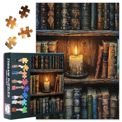 1000 Teile Puzzle Erwachsene - Bücherregal mit brennender Kerze Kunst, 70 x 50 cm Herausforderndes Geschenk für Bücherliebhaber & Männer/Frauen von TISHIRON