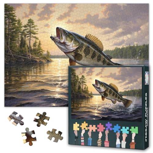 1000 Teile Puzzle Erwachsene Springende Fische Wassersprünge Naturherausforderung Stressabbau für Stadtmenschen Premium Teichlandschaft Puzzle mit Dynamischem Design als Beruhigende Wanddekoration von TISHIRON