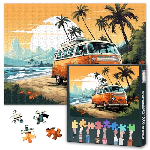 1000 Teile Puzzle Erwachsene Vintage Autos & Küstenpanorama | Meditatives Ozeanmotiv mit Fahrzeugnostalgie für Stressabbau | Premium Strandkunstpuzzle als Beruhigende Automotive-Deko von TISHIRON