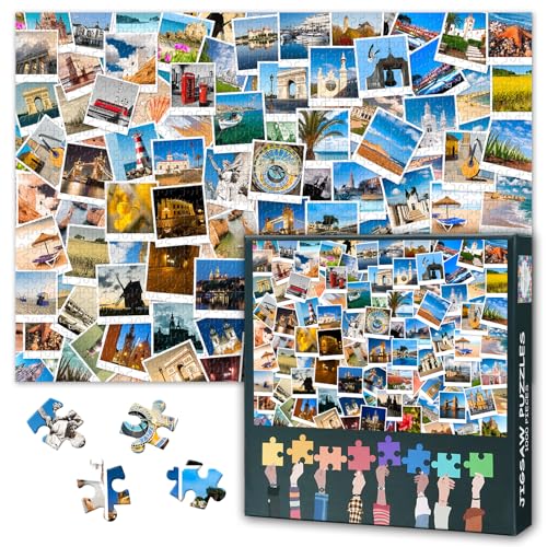 1000 Teile Puzzle Europäische Vintage Postkarten Kollektion Polaroid-Stil Sehenswürdigkeiten von Pariser Cafés bis Santorini Sonnenuntergängen Anspruchsvolles Erwachsenenpuzzle als Wanddekoration von TISHIRON