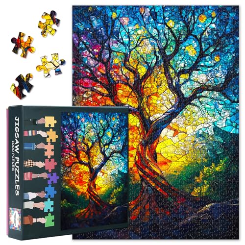 1000 Teile Puzzle Lebensbaum Buntglas Kunst | Farbenprächtiges Lichtspiel der Natur | Anspruchsvolles Erwachsenenpuzzle mit Botanischem Design | Meditative Wanddekoration für Zuhause von TISHIRON