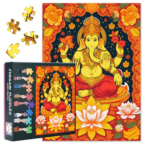 1000 Teile Puzzle Lord Ganesha Elefanten Gott Hindu Mythologie Kunst Premium Qualität Anspruchsvolles Puzzle für Erwachsene Deko 27,5x19,7 Zoll von TISHIRON