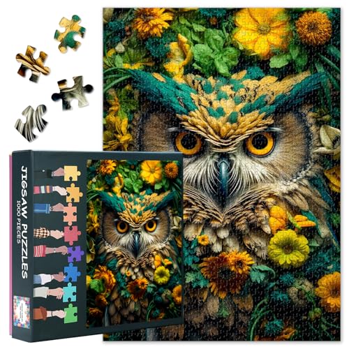 1000 Teile Puzzle Mystische Weisheitseule | Magischer Blumenkranz & Zauberkreaturen für Kunsttherapie & Gehirntraining | Premium Erwachsenenpuzzle mit Meditativem Design als Inspirierende Wandkunst von TISHIRON