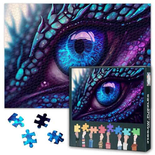 1000 Teile Puzzle Mystisches Drachenauge in Lila-Blau, XXL Premium Makro-Kunst Papierpuzzle mit Leuchteffekt, Hypnotisierende Augen-Detailaufnahme für Erwachsene Wanddekor, 27.5x19.7 Inch von TISHIRON