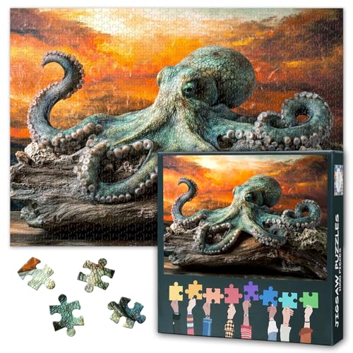 1000 Teile Puzzle Oktopus Unterwasserwelt Meeresbiologie Kunstpuzzle für Erwachsene Entspannungsspiel Familienspaß Kreativgeschenk Wanddekoration Gedächtnistraining Premium Lernspiel 50.5 x 70.5 cm von TISHIRON