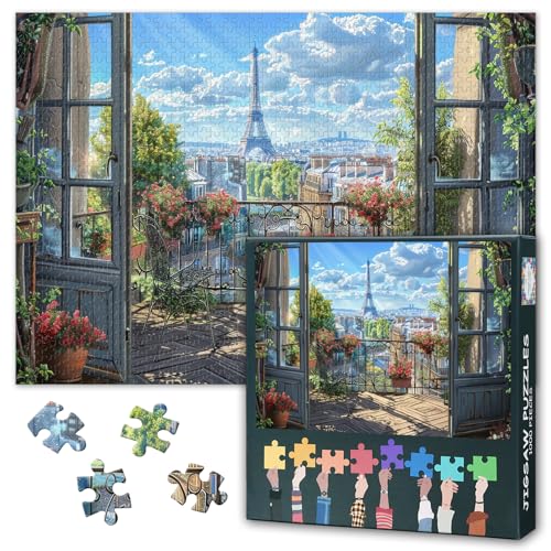 1000 Teile Puzzle Pariser Stadtpanorama mit Eiffelturm Romantischer Blick von der Dachterrasse & Französisches Kulturerbe Anspruchsvolles Erwachsenenpuzzle als Wanddekoration Kunstvolle von TISHIRON