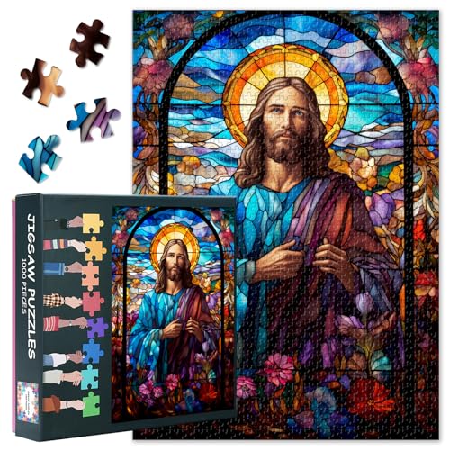 1000 Teile Puzzle Premium Glasmalerei Jesus Christus mit Blumen Anspruchsvolles Puzzle für Erwachsene Staubfrei Teile Einzigartiges Gehirntraining Geschenkidee Spieleabend Wanddeko 70x50 cm von TISHIRON