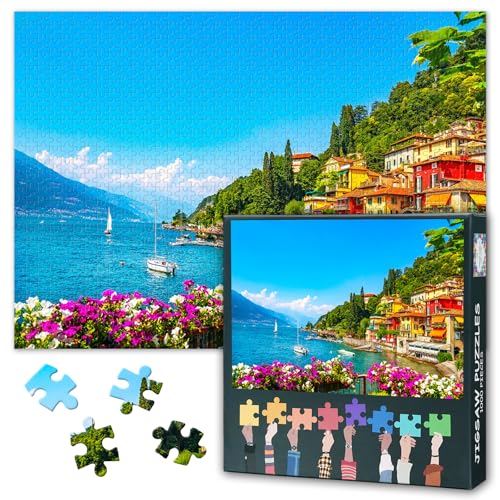 1000 Teile Puzzle Premium Motiv | Malerische Landschaft des Comer Sees & Traditionelles Dorf Varenna | Kunstdruck für Erwachsene | Herausforderndes Papierpuzzle | 70x50 cm (27.5x19.7 Zoll) von TISHIRON