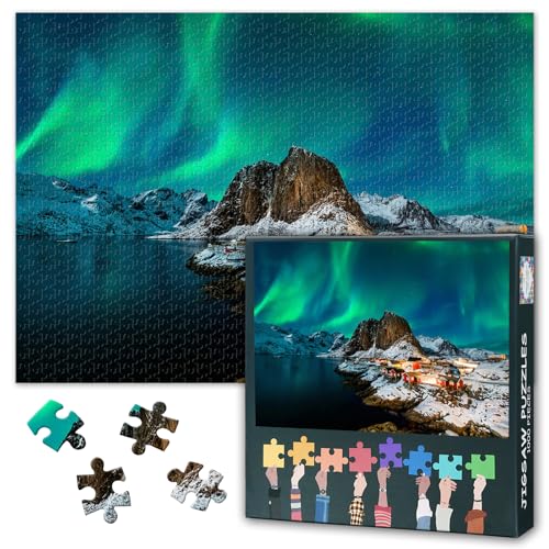 1000 Teile Puzzle Premium Motiv | Norwegische Polarlichter über Fischerdorf Hamnoy & Arktischer Himmel | Skandinavische Landschaftskunst | Herausforderndes Papierpuzzle für Erwachsene von TISHIRON