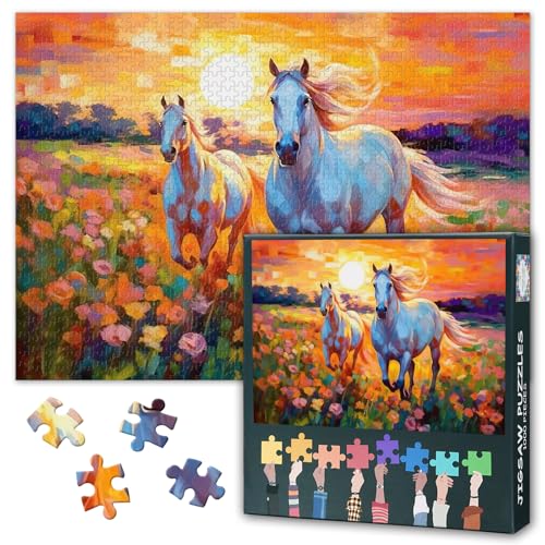 1000 Teile Puzzle Romantische Pferdelandschaft | Galoppierende Pferde auf Blumenwiese im Sonnenlicht | Impressionistische Kunst Erwachsenenpuzzle | Wanddekoration für Zuhause und Büro von TISHIRON