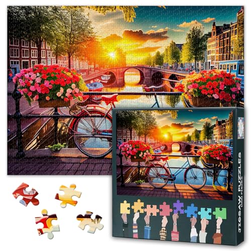 1000 Teile Puzzle UNESCO Grachten Amsterdam | Sommerliche Szene mit Blumen & Fahrrädern auf Brücke | Künstlerische Niederländische Landschaft | Schwieriges Papierpuzzle für Erwachsene von TISHIRON