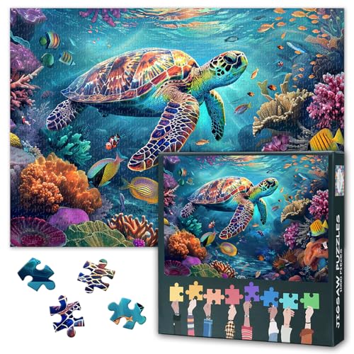 1000 Teile Puzzle Unterwasserwelt mit Glücklicher Meeresschildkröte Farbenfrohes Korallenriff & Tropische Fische Entspannendes Erwachsenenpuzzle als Wanddekoration Meditatives Naturmotiv von TISHIRON