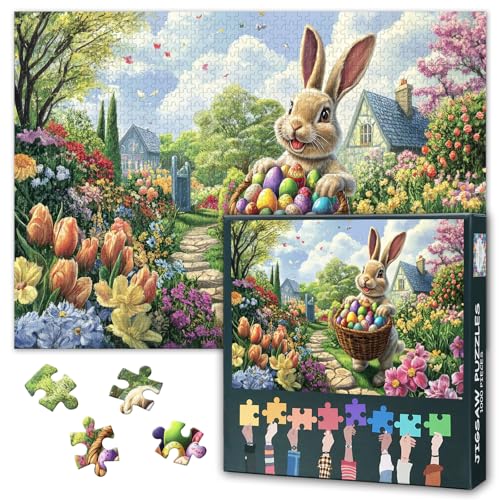 1000 Teile Puzzle Vintage Osterfest Retro Häschen & Regenbogen Eierkorb für Familienzeit & Zeitlose Festtagsdekoration Premium Erwachsenenpuzzle mit Nostalgie Design als Kreative Tischdekoration von TISHIRON