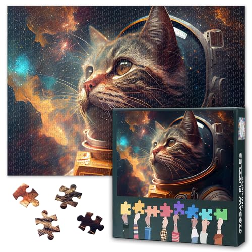 1000 Teile Puzzle für Erwachsene, Astronautenkatze in kosmischer Abenteuerkunst, Sci-Fi-Fantasie, Galaxie, Erkundungspuzzle mit Sternen, herausforderndes Weltraumthema, Wanddekoration, 69 x 50 cm von TISHIRON