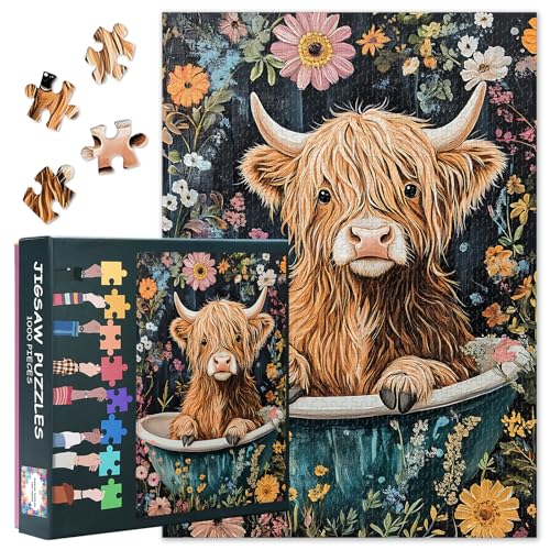 1000 Teile Puzzle für Erwachsene, Lustiges Motiv Einer Highland Cow in Einer Badewanne umgeben von blumengeschmückten Blumen, Puzzle 1000 Teile, 70x50 cm 1000 Teile Puzzle für Erwachsene, Lustiges Motiv Einer Highland Cow in Einer Badewanne umgeben von blumengeschmückten Blumen, Puzzle 1000 Teile, 70x50 cm von TISHIRON