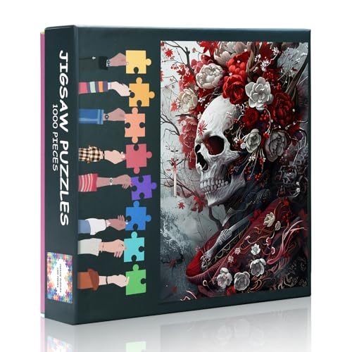 1000 Teile Puzzle für Erwachsene, Totenkopf mit rot-weißen Blumen, Premium Puzzle für Erwachsene mit 1000 Teilen für die Heimdekoration (27,5 x 19,7 Zoll) von TISHIRON