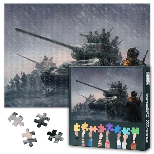 1000 Teile Puzzle für Erwachsene Abstrakte WWII Panzer Kunst Winterschlacht Szene Militär Puzzle Moderne Kriegsfahrzeug Design 27,5 x 19,7 Zoll von TISHIRON