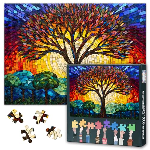 1000 Teile Puzzle für Erwachsene - Abstrakter Buntglas-Lebensbaum, Farbenfrohes Mosaik-Design, 50x70 cm Anspruchsvolles Kunstpuzzle von TISHIRON