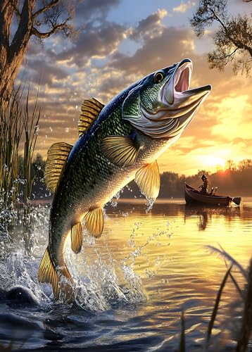 1000 Teile Puzzle für Erwachsene - Angelmotiv mit Angler beim Fang eines großen Hechts mit Wasserspritzern & Sonnenuntergang - Entspannendes Natur Puzzle zur Relaxation (70x50 cm) von TISHIRON