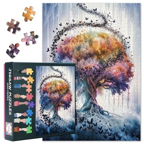 1000 Teile Puzzle für Erwachsene - Baum des Lebens, Aquarell-Kunst, lebendiges Design mit Schmetterlingswirbel, Premium Erwachsenenpuzzle - 27,5 x 19,7 Zoll von TISHIRON