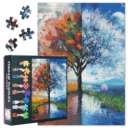 1000 Teile Puzzle für Erwachsene - Baum des Lebens, Yin Yang & Jahreszeiten-Kunst, lebendiges Blumenbaum-Design, Premium 1000-Teile-Puzzle(70x50 cm) von TISHIRON