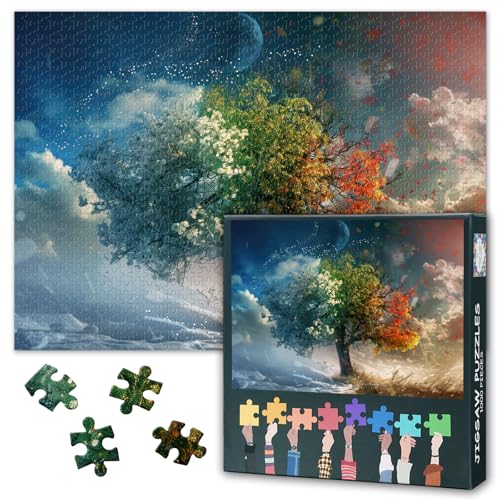 1000 Teile Puzzle für Erwachsene - Baum des Lebens mit Blumen & Blüten, abstrakte Landschafts-Jahreszeitenkunst, Anspruchsvolles Puzzle - 27,5 x 19,7 Zoll von TISHIRON