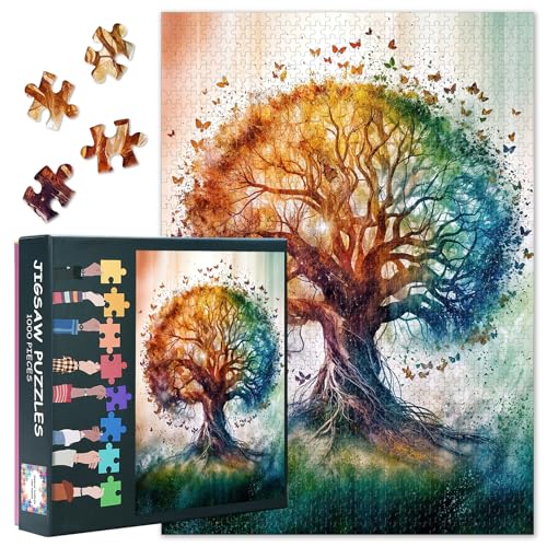 1000 Teile Puzzle für Erwachsene - Baum des Lebens mit Schmetterlingswirbel, Aquarell-Kunst, Premium Puzzle 27,5x19,7 Zoll für Erwachsene(70x50 cm) von TISHIRON