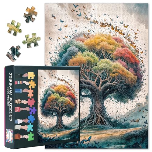 1000 Teile Puzzle für Erwachsene - Baum des Lebens von Schmetterlingen umgeben, lebendige Aquarell-Landschaft, Anspruchsvolles 1000-Teile-Puzzle, 70x50 cm von TISHIRON