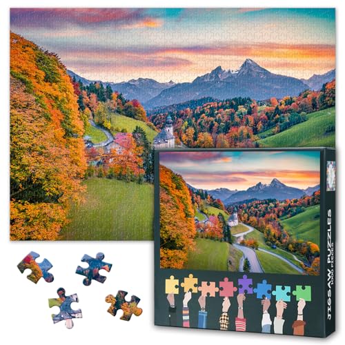 1000 Teile Puzzle für Erwachsene – Bayerische Alpen-Landschaft Drohnenaufnahme Maria Gern Kirche Hochkalter-Gipfel Atemberaubender Herbstsunrise Deutschlands Landschaft Malerische Abendstimmung von TISHIRON