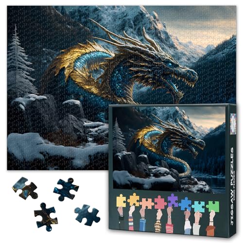 1000 Teile Puzzle für Erwachsene Blauer Golddrache - Puzzles 1000 Teile, unmögliche schwierige herausfordernde Puzzle Fantasy Drachengott (70 x 50 cm), Familie Spielabend Geschenk & Home Decor von TISHIRON