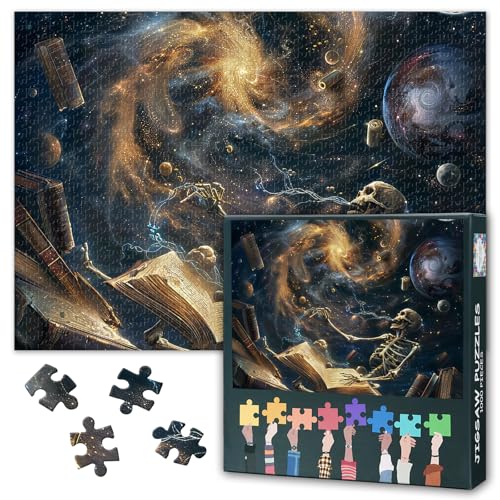 1000 Teile Puzzle für Erwachsene - Fantasie-Skelett liest Buch im Weltall, surreales Kosmos-Kunstdesign, Premium Erwachsenenpuzzle - 27,5 x 19,7 Zoll (70x50 cm) von TISHIRON
