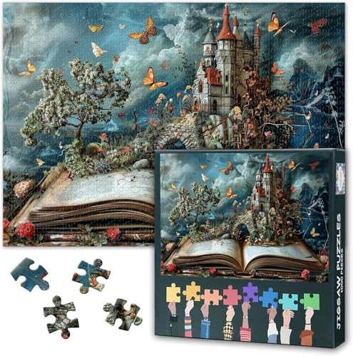 1000 Teile Puzzle für Erwachsene - Fantasiewelt im Buch mit Blumen, Schmetterlingen & Burgen, Landschafts-Challenge als anspruchsvolles Rätselspiel 50x70cm von TISHIRON