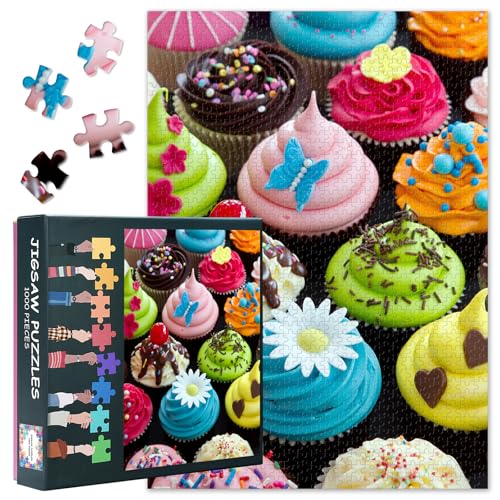 1000 Teile Puzzle für Erwachsene - Farbenfrohe Cupcakes & Süße Desserts, Lebendiges Kuchenkunstwerk, Hochwertiges Leckereien-Motiv - 27,5x19,7 Zoll von TISHIRON