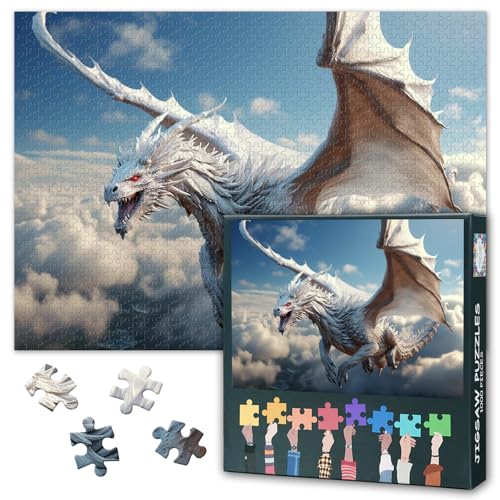 1000 Teile Puzzle für Erwachsene Fliegender Drache - Puzzles 1000 Teile, schwer unmöglich herausfordernde Puzzle Fantasie Weißer Drache (70 x 50 cm), Familie Spielabend Geschenk von TISHIRON